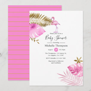Convite Chuva de Bebê Flamingo Rosa e Dourado