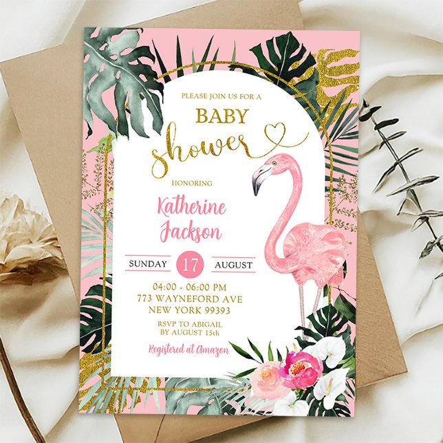 Convite Chuva de Bebê Flamingo Tropical Monstera Rosa (Criador carregado)