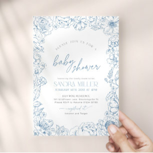 Convite Chuva de Bebê Flor Azul Toile de Jouy