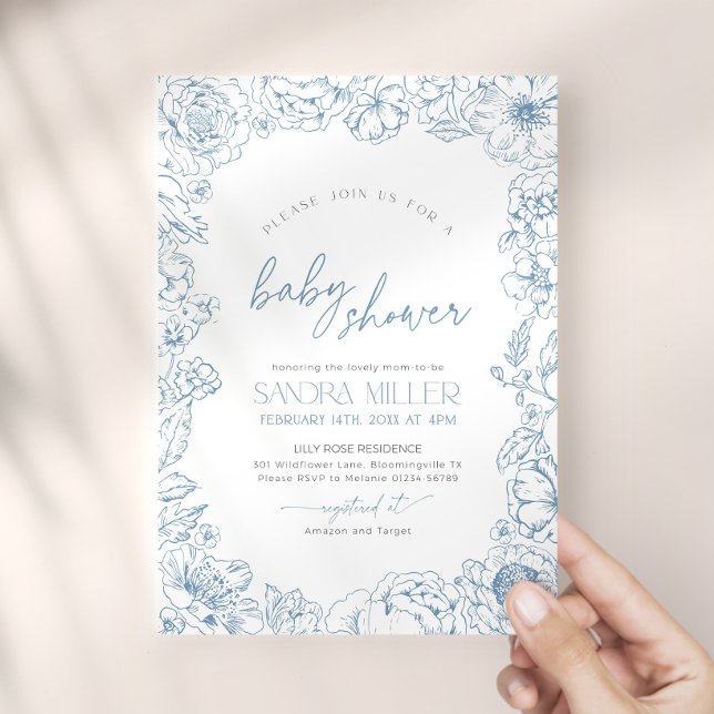 Convite Chuva de Bebê Flor Azul Toile de Jouy (Criador carregado)