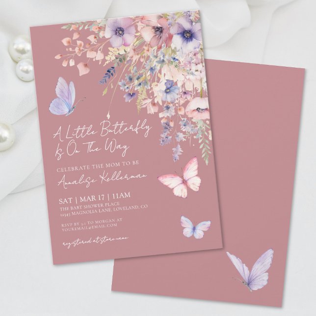 Convite Chuva de Bebê Flor de Borboleta Rosa Elegante (Elegant Butterfly Wildflower Baby Shower Invitation)