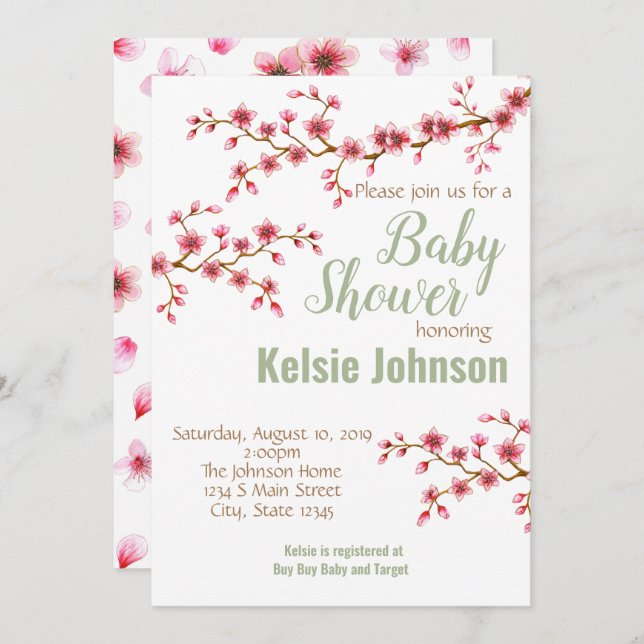Convite Chuva de Bebê Flor de Cerejeira (Frente/Verso)