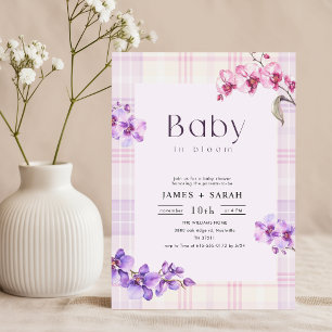 Convite Chuva de Bebê Flor de Orquídea Roxa Xadrez Vintage