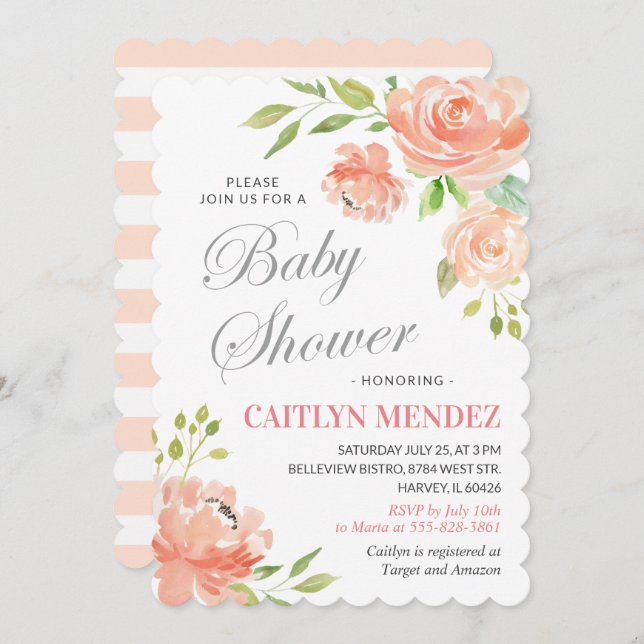 Convite Chuva de Bebê Flor de Peônia Pêssego Moderna Menin (Frente/Verso)