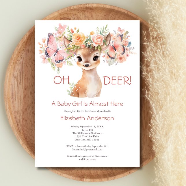 Convite Chuva de Bebê Flor de Rosa Borboleta Cerveja Veado (Baby Deer Butterflies Watercolor Pink Florals Baby Shower Invitation Woodland animals.)