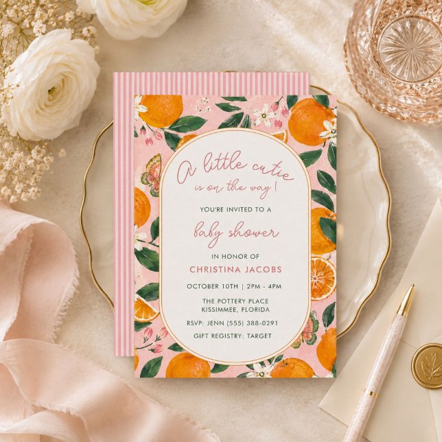 Convite Chuva de Bebê Flor de Tangerina Little Cutie  (Little Cutie Tangerine Floral Baby Shower Invitation)
