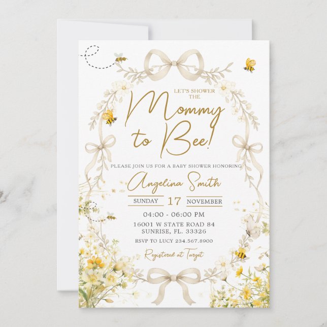 Convite Chuva de Bebê Floral Abelha Amarela Mãe para Abelh (Frente)
