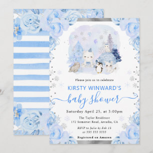 Convite Chuva de Bebê Floral Animais Árticos em Aquarela