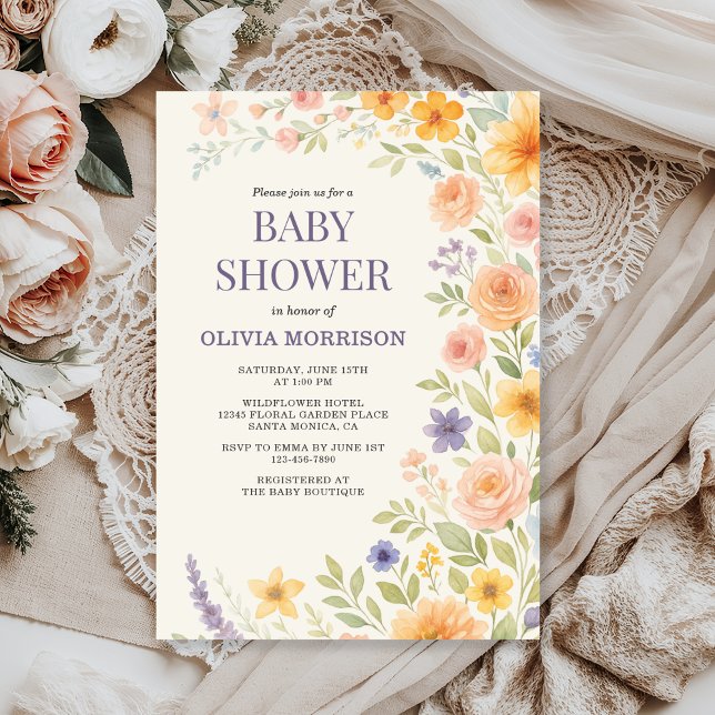 Convite Chuva de Bebê Floral Aquarela de Flores Silvestres (Criador carregado)