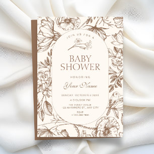 Convite Chuva de bebê floral artística clássica marrom