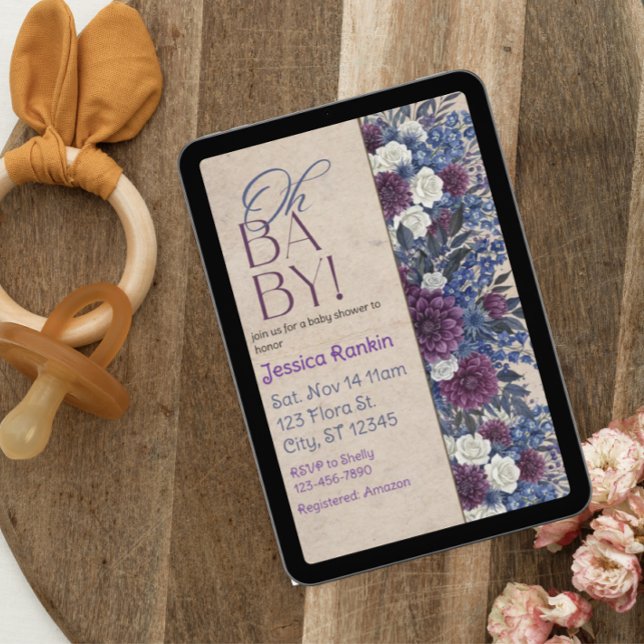 Convite Chuva de Bebê Floral Azul Escuro e Roxo (Criador carregado)