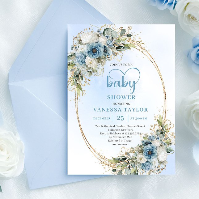 Convite Chuva de Bebê Floral Azul Pastel Boêmio  (Bohemian Pastel Blue Floral Greenery Baby Shower Invite)