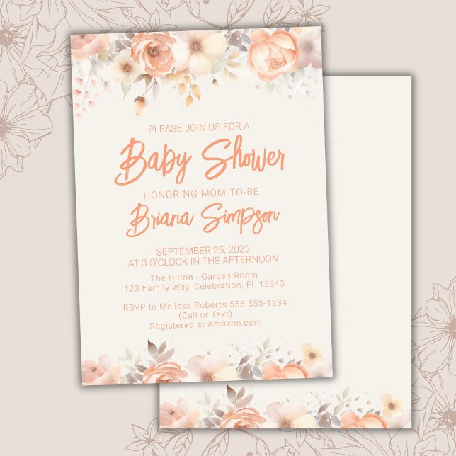 Convite Chuva de Bebê Floral Bege Marfim Pêssego (Criador carregado)