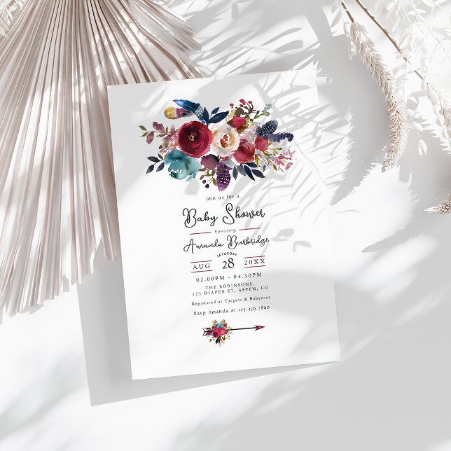 Convite Chuva de Bebê Floral Boho Burgundy Rústico (Rustic Burgundy Boho Floral Baby Shower Invitation)
