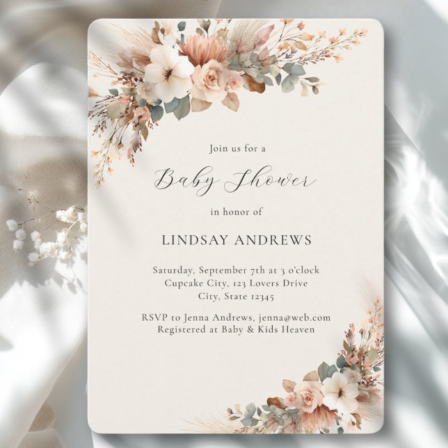 Convite Chuva de Bebê Floral Boho Grama Pampas Bege (Boho Floral Pampas Grass Beige Baby Shower Invitation)
