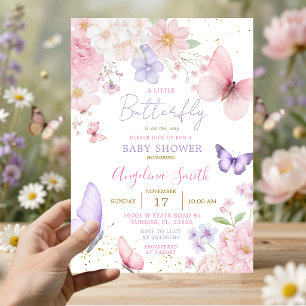 Convite Chuva de Bebê Floral Borboleta Pequena Rosa e Roxo