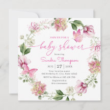 Chuva de Bebê Floral Borboleta Rosa em Aquarela