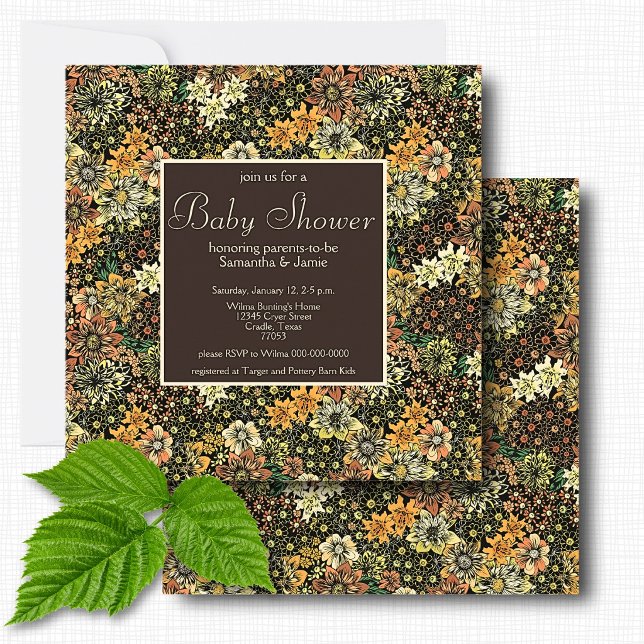 Convite Chuva de Bebê Floral Botânica Marrom Rústica Elega (Criador carregado)