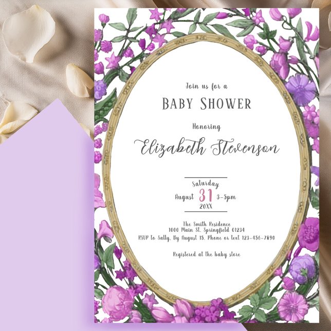 Convite Chuva de Bebê Floral Botânico Rosa Roxo Elegante (Criador carregado)