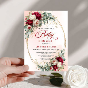 Convite Chuva de Bebê Floral Burgundy Boêmio Atemporal em