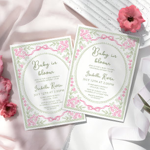 Convite Chuva de Bebê Floral Caprichosa Rosa e Verde 