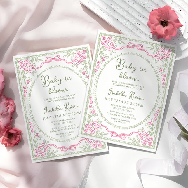 Convite Chuva de Bebê Floral Caprichosa Rosa e Verde  (Criador carregado)