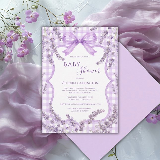 Convite Chuva de Bebê Floral Caprichosa Xadrez Branco Roxo (Criador carregado)