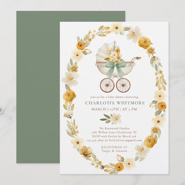 Convite Chuva de Bebê Floral Carruagem | Design Verde Sage (Frente/Verso)