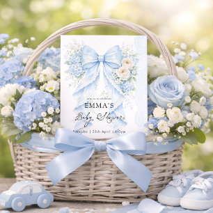 Convite Chuva de Bebê Floral com Laço Azul Elegante