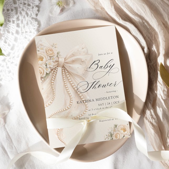 Convite Chuva de Bebê Floral com Laço Pérola Elegante (Criador carregado)
