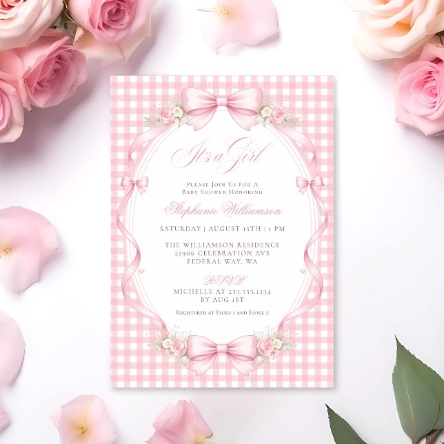 Convite Chuva de Bebê Floral com Laço Xadrez Rosa (Pink Gingham Bow Floral Baby Shower Invitation)