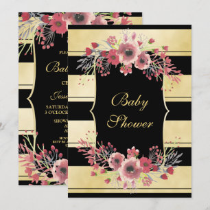 Convite Chuva de Bebê Floral com Listras Douradas Elegante