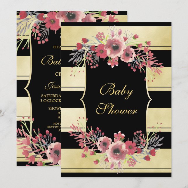 Convite Chuva de Bebê Floral com Listras Douradas Elegante (Frente/Verso)