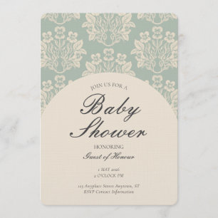 Convite Chuva de Bebê Floral Damask Vintage Ciano Bege