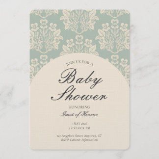 Convite Chuva de Bebê Floral Damask Vintage Ciano Bege