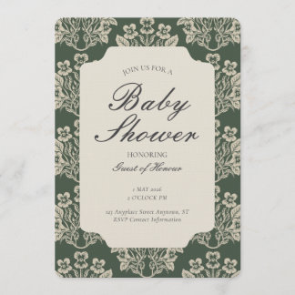 Convite Chuva de Bebê Floral Damask Vintage Verde Bege