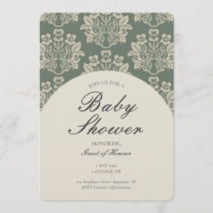 Convite Chuva de Bebê Floral Damask Vintage Verde Bege
