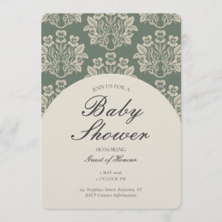Convite Chuva de Bebê Floral Damask Vintage Verde Bege