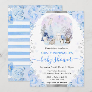 Convite Chuva de Bebê Floral de Animais Árticos em Aquarel