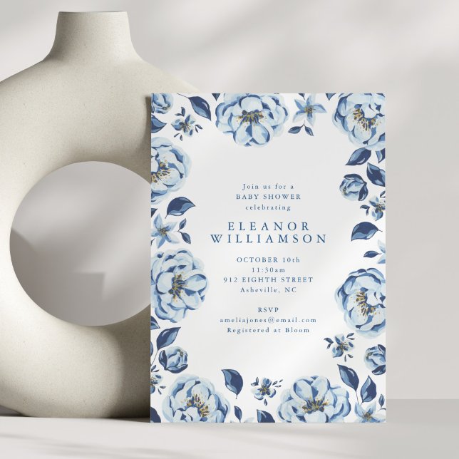 Convite Chuva de Bebê Floral de Flores Azuis Elegantes (Criador carregado)