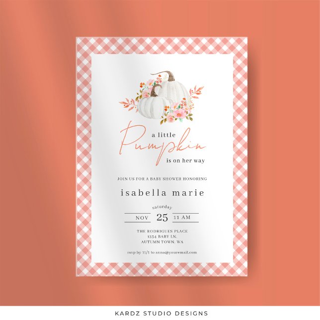 Convite Chuva de Bebê Floral de Outono Pequena Abóbora (Invitation is shown in 5 x 7 in. Personalize and choose paper and corner style.)
