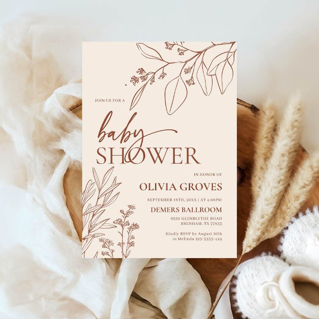 Convite Chuva de Bebê Floral de Terracota Mínima de Sage (Criador carregado)