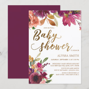 Convite Chuva de Bebê Floral Dourada Burgundy Elegante