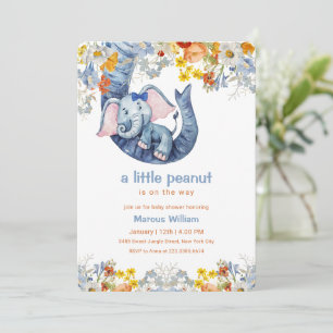 Convite Chuva de Bebê Floral Elefante Azul Amendoim Pequen