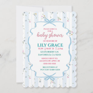 Convite Chuva de Bebê Floral Elegante com Laço Azul Shabby