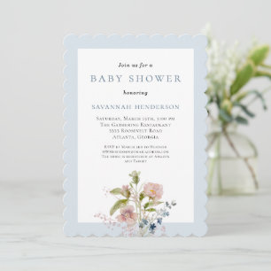 Convite Chuva de Bebê Floral em Aquarela Azul Elegante
