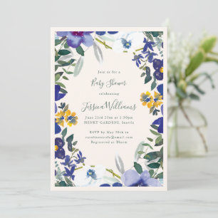 Convite Chuva de Bebê Floral em Aquarela Azul Roxo