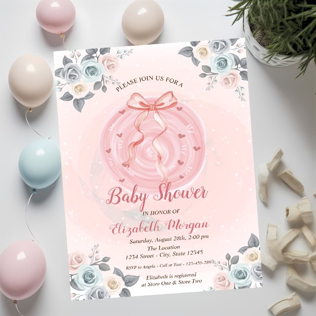 Convite Chuva de Bebê Floral em Aquarela com Laço Rosa (Criador carregado)