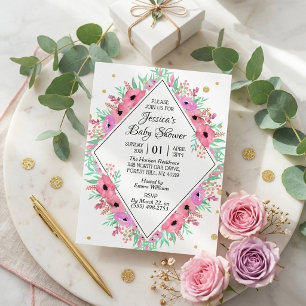Convite Chuva de Bebê Floral em Aquarela de Primavera Eleg