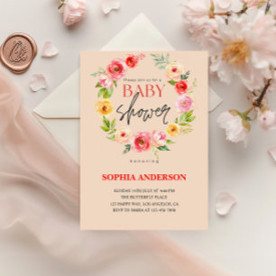 Convite Chuva de Bebê Floral em Aquarela Elegante em Rosa
